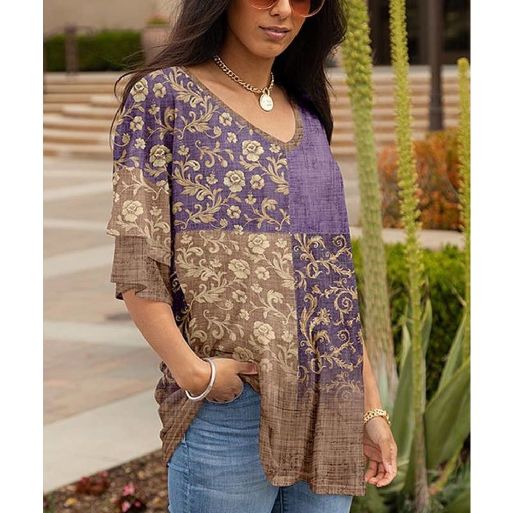 Sz 1X  Lily Purple Pink & Brown Floral Layer-Sleeve V-Neck Tunic Plus